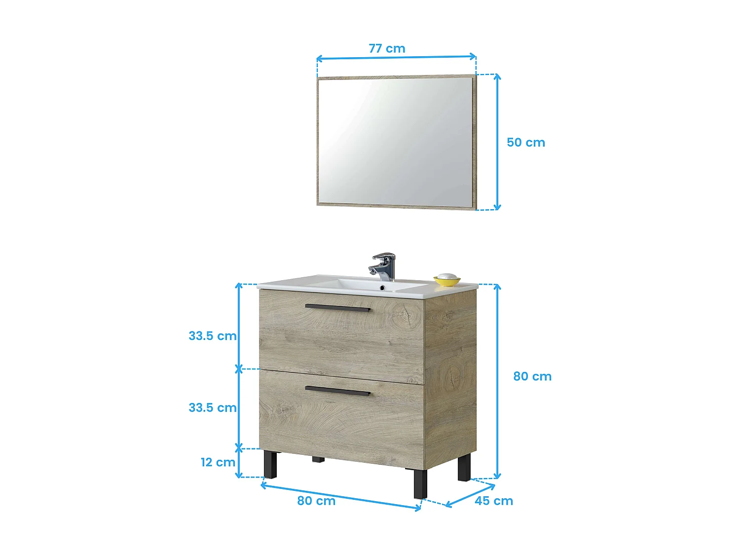 Mueble Baño Athenea Estilo Natural Roble Alaska con Espejo 80x80x45cm