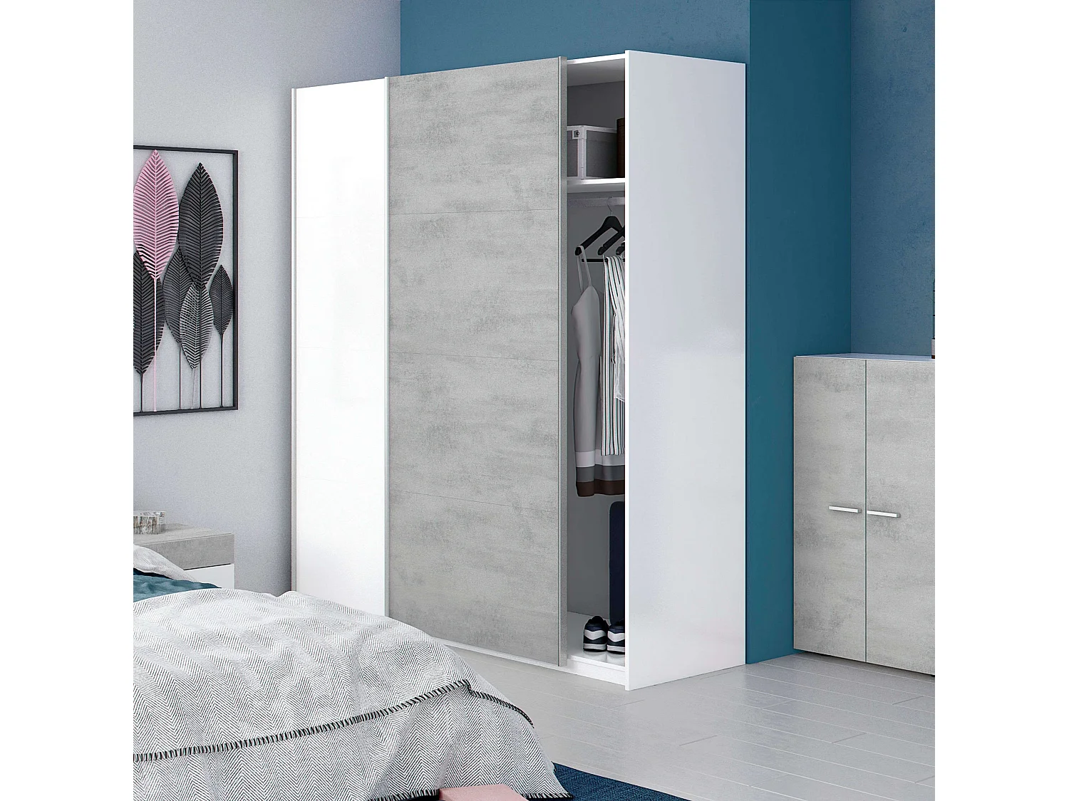 Kleiderschrank mit 2 Schiebetüren in Weiß Artik und Zement, 200x120x50 cm, Industriedesign, verstellbare Regale und Aluminiumstange