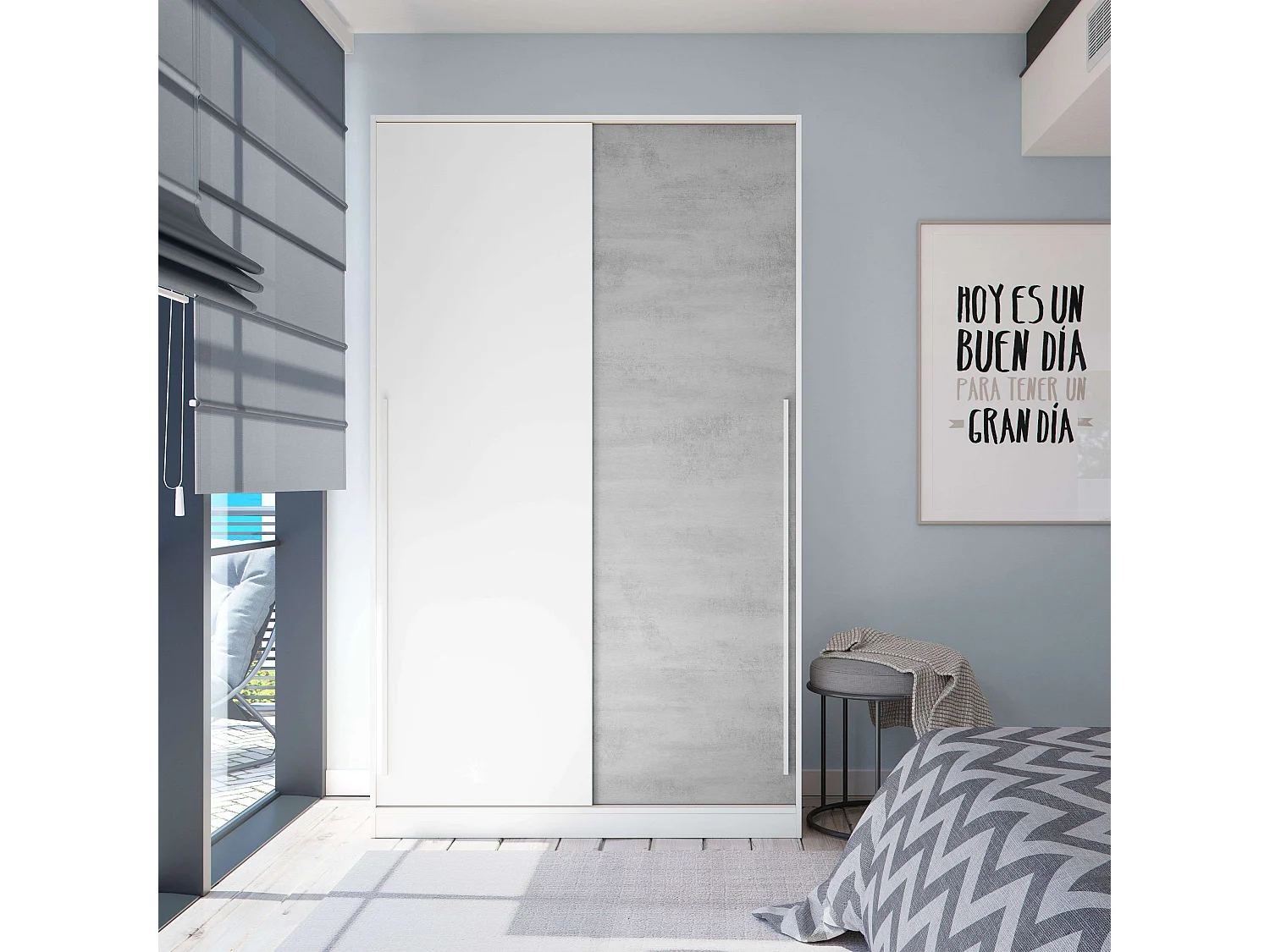 Armoire 2 portes coulissantes blanc Artik et ciment, 200x120x50 cm, design industriel, étagères réglables et barre aluminium