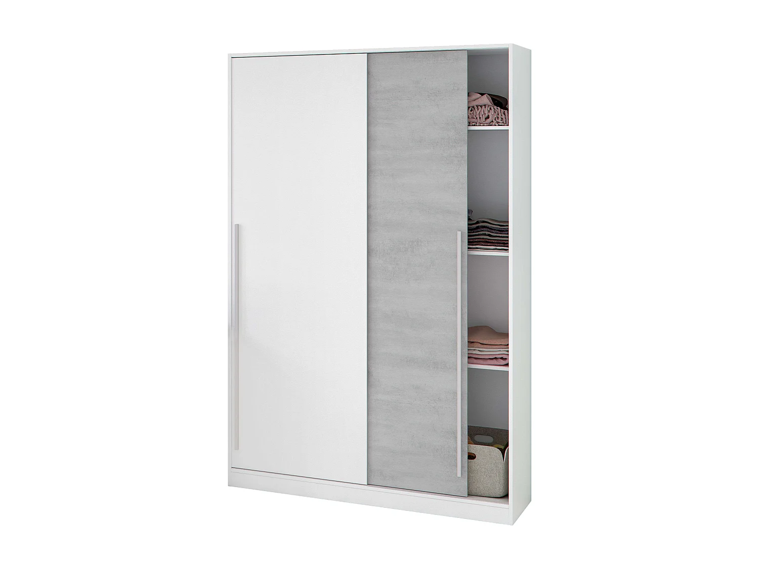 Armoire 2 portes coulissantes blanc Artik et ciment, 200x120x50 cm, design industriel, étagères réglables et barre aluminium