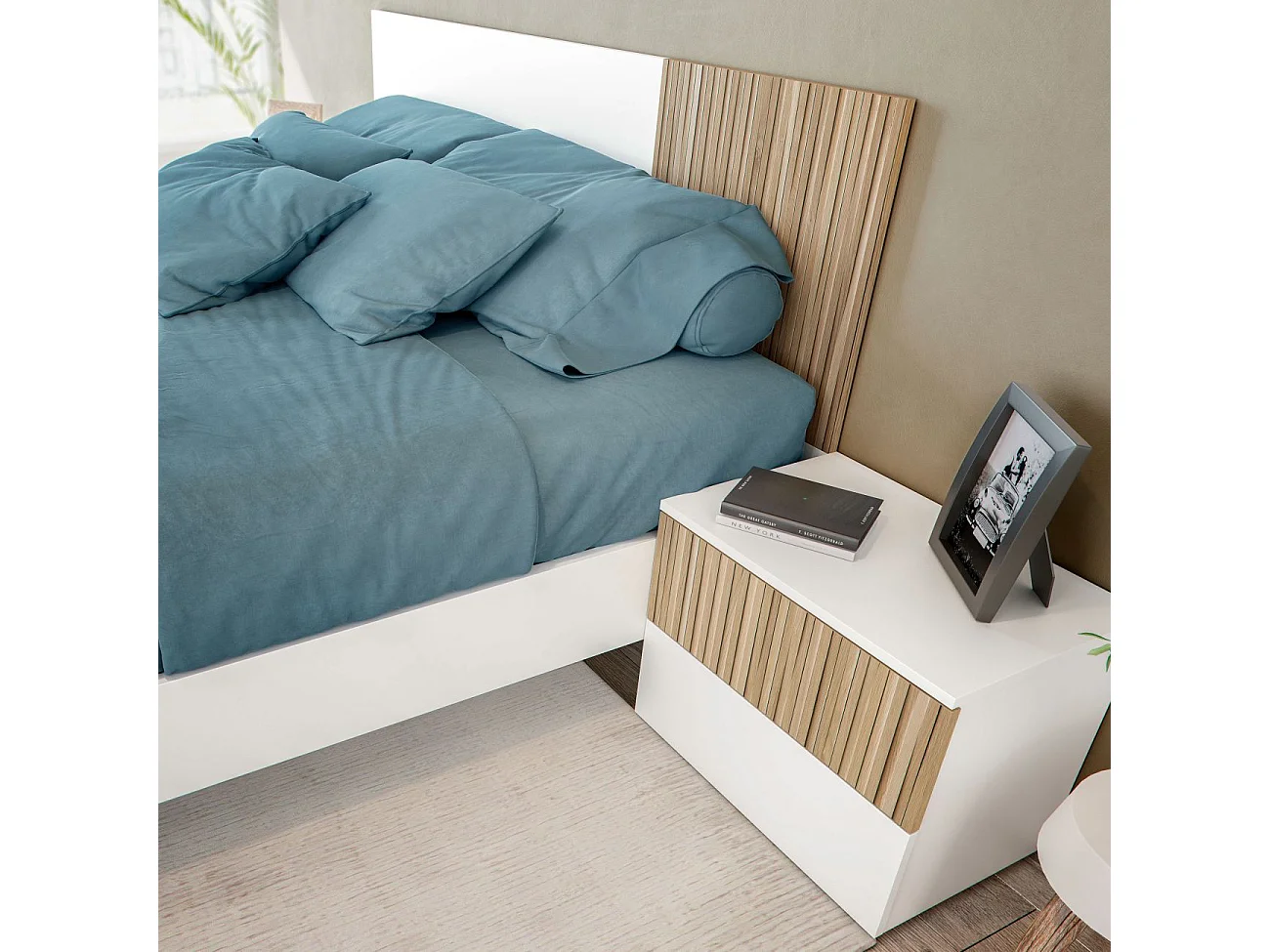 Cabecero Matrimonial y Mesitas Ethna Blanco Artik y Natur 266x34 cm