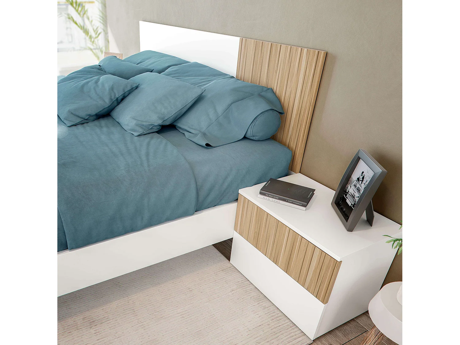 Cabecero Matrimonial y Mesitas Ethna Blanco Artik y Natur 266x34 cm