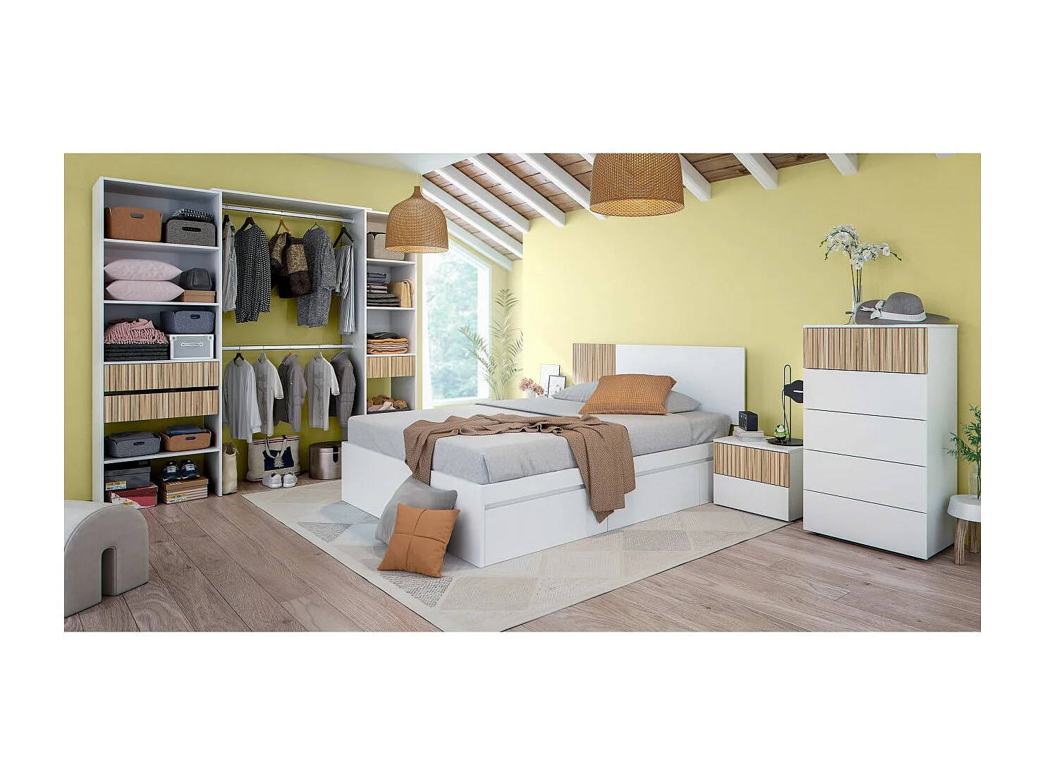 Cabecero Matrimonial y Mesitas Ethna Blanco Artik y Natur 266x34 cm
