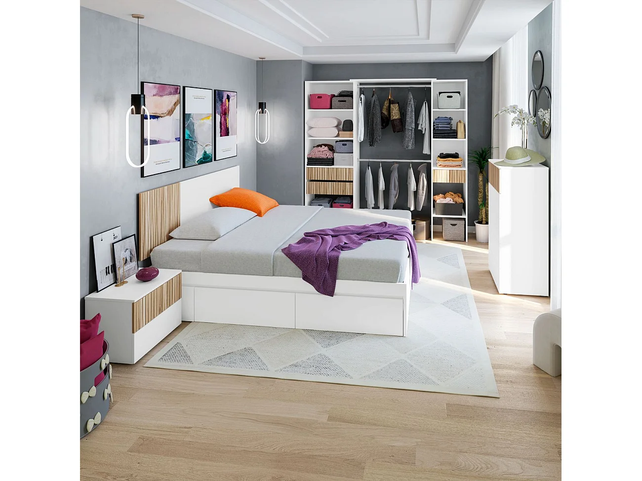 Cabeceira para cama de 135-150 cm e 2 mesas de cabeceira com gavetas Ethna Blanco Artik (Blanco Mate) - Natur