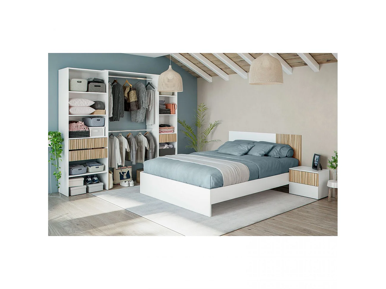 Cabeceira para cama de 135-150 cm e 2 mesas de cabeceira com gavetas Ethna Blanco Artik (Blanco Mate) - Natur
