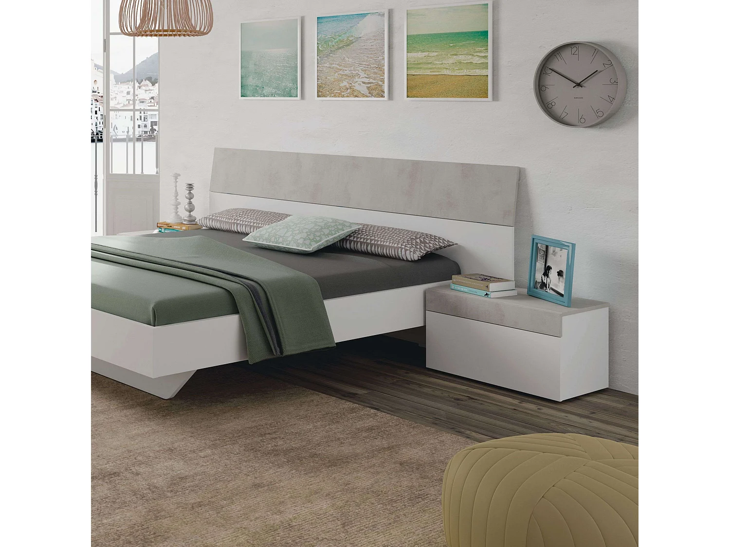 Cabezal 2 mesitas cama mat. 135/150 cm blanco y cemento indust.