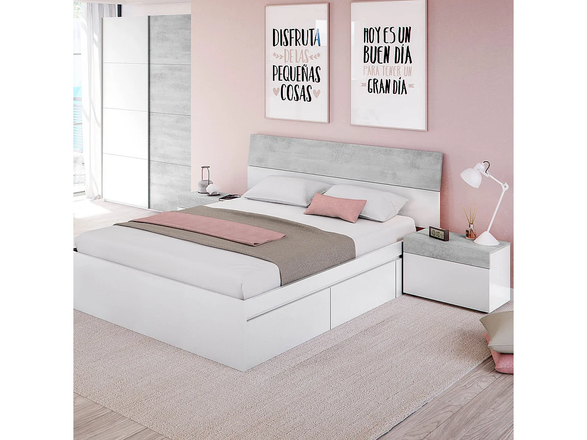 Cabezal 2 mesitas cama mat. 135/150 cm blanco y cemento indust.