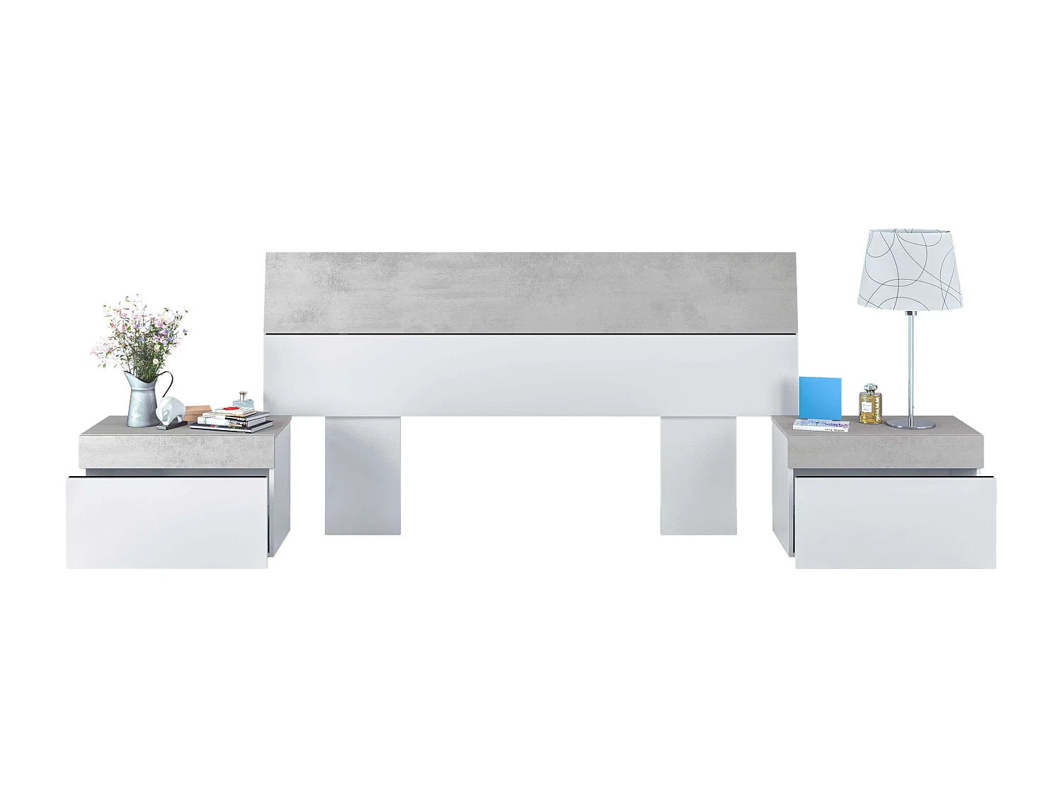 Cabezal 2 mesitas cama mat. 135/150 cm blanco y cemento indust.