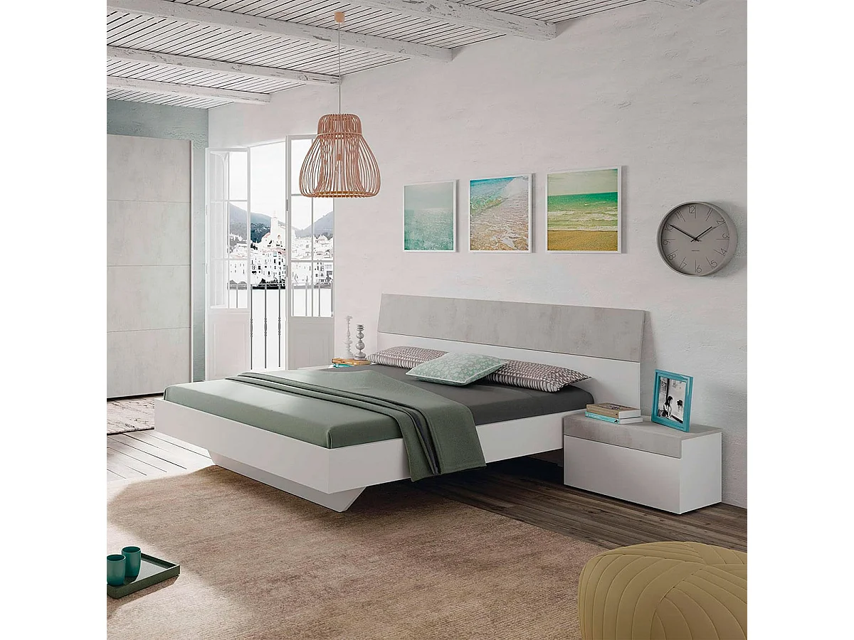 Cabezal 2 mesitas cama mat. 135/150 cm blanco y cemento indust.