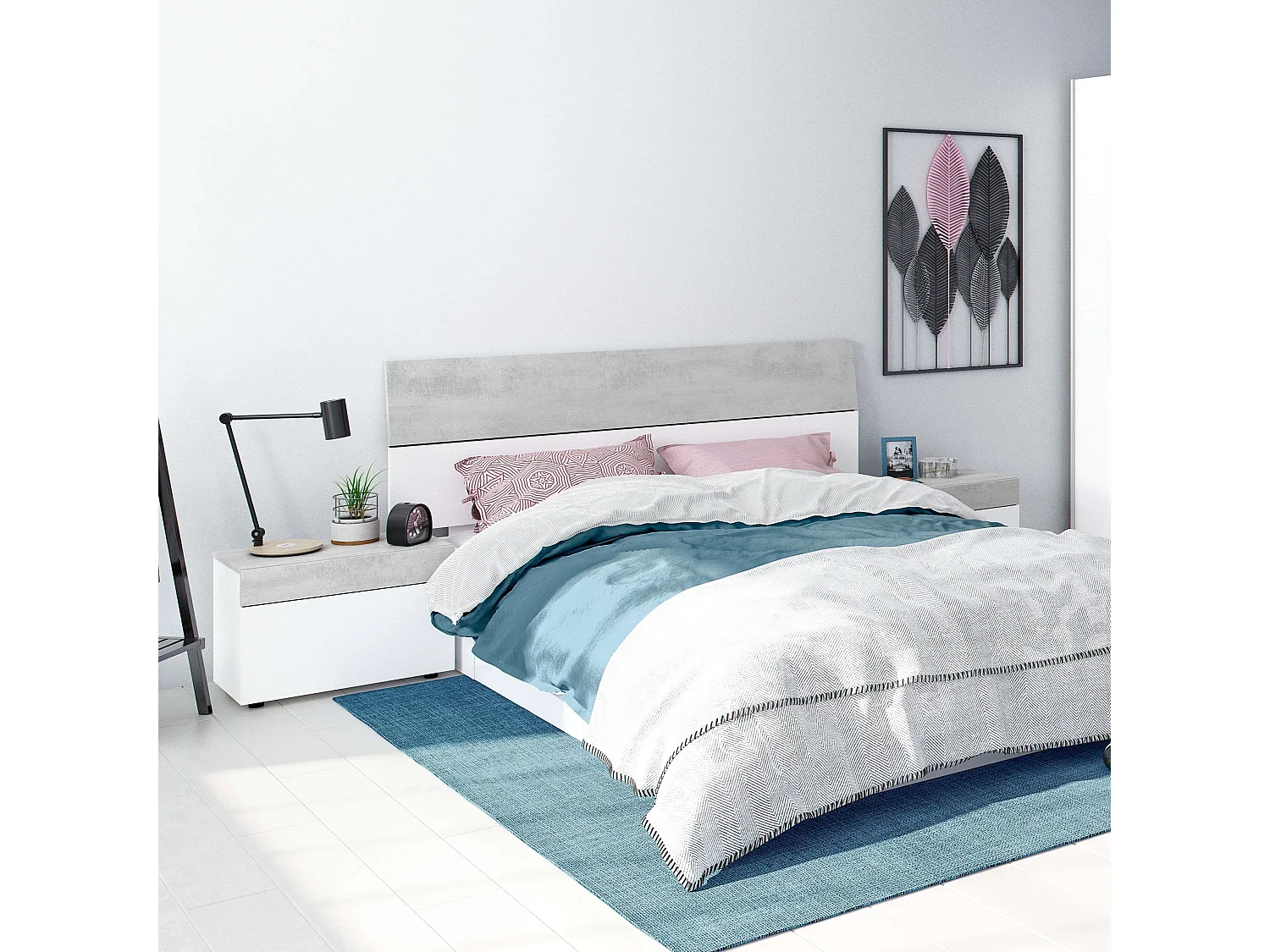 Cabezal 2 mesitas cama mat. 135/150 cm blanco y cemento indust.