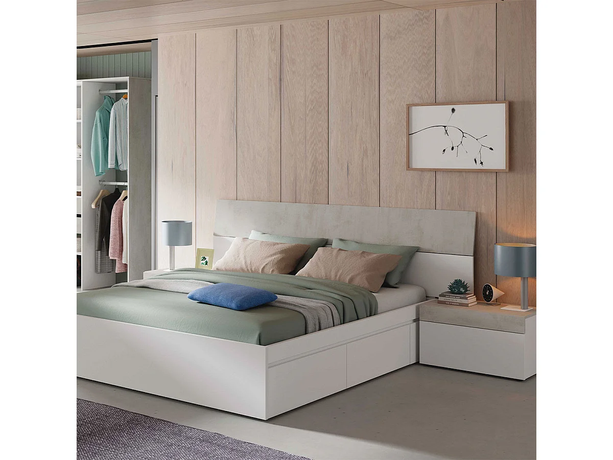 Cabezal 2 mesitas cama mat. 135/150 cm blanco y cemento indust.