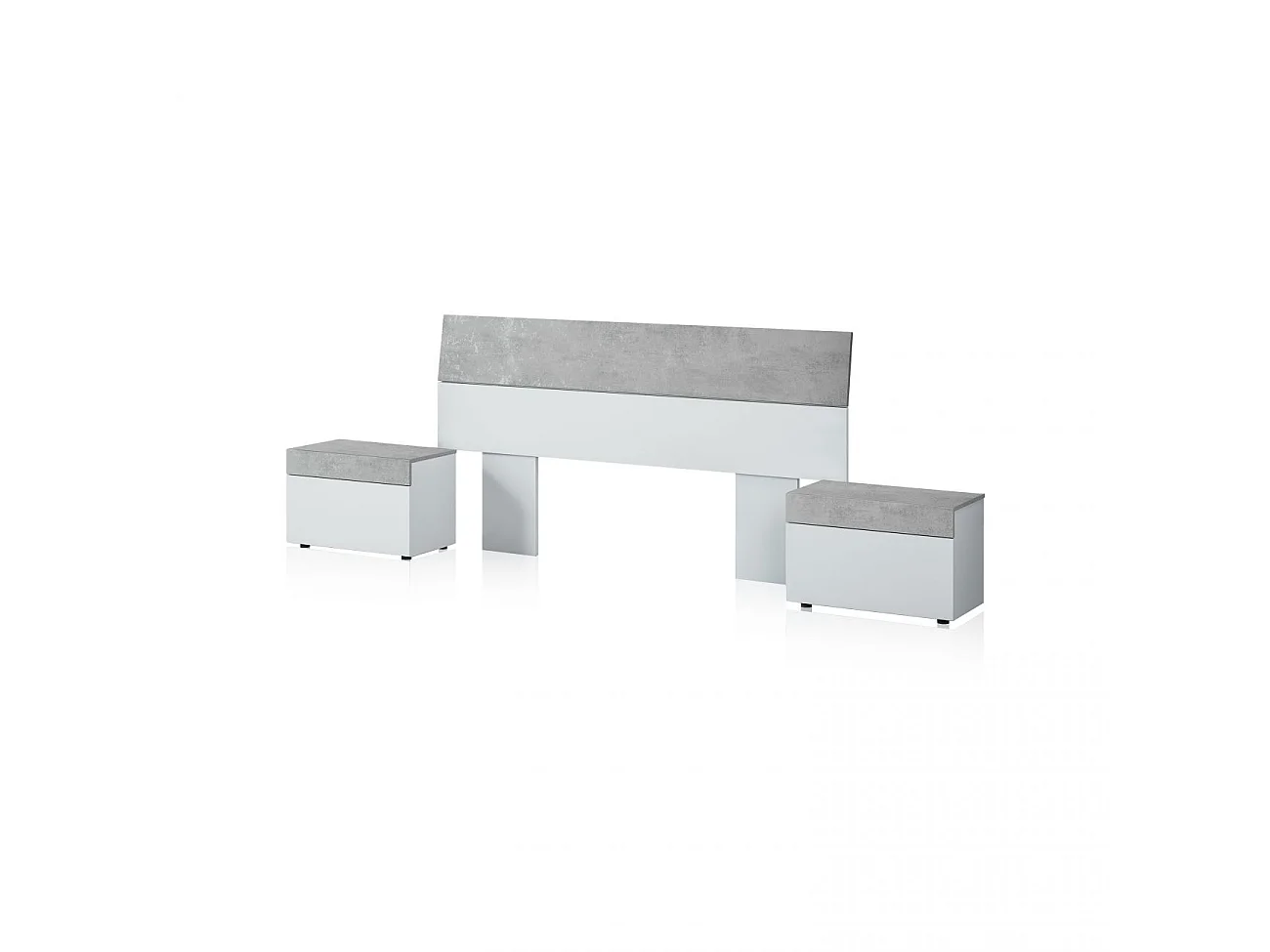 Cabecero con patas y 2 mesitas con cajón en blanco artik y gris cemento 135-150 cm Tekkan Blanco Artik (Blanco Mate) - Gris Cemento