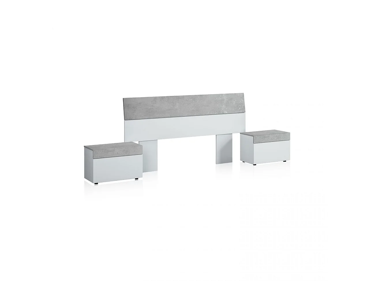 Cabecero con patas y 2 mesitas con cajón en blanco artik y gris cemento 135-150 cm Tekkan Blanco Artik (Blanco Mate) - Gris Cemento