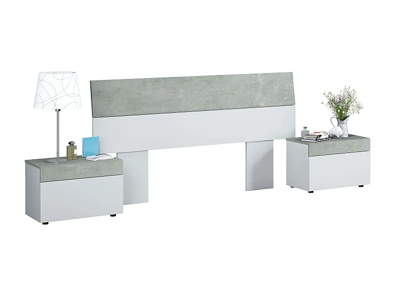 Cabezal 2 mesitas cama mat. 135/150 cm blanco y cemento indust.