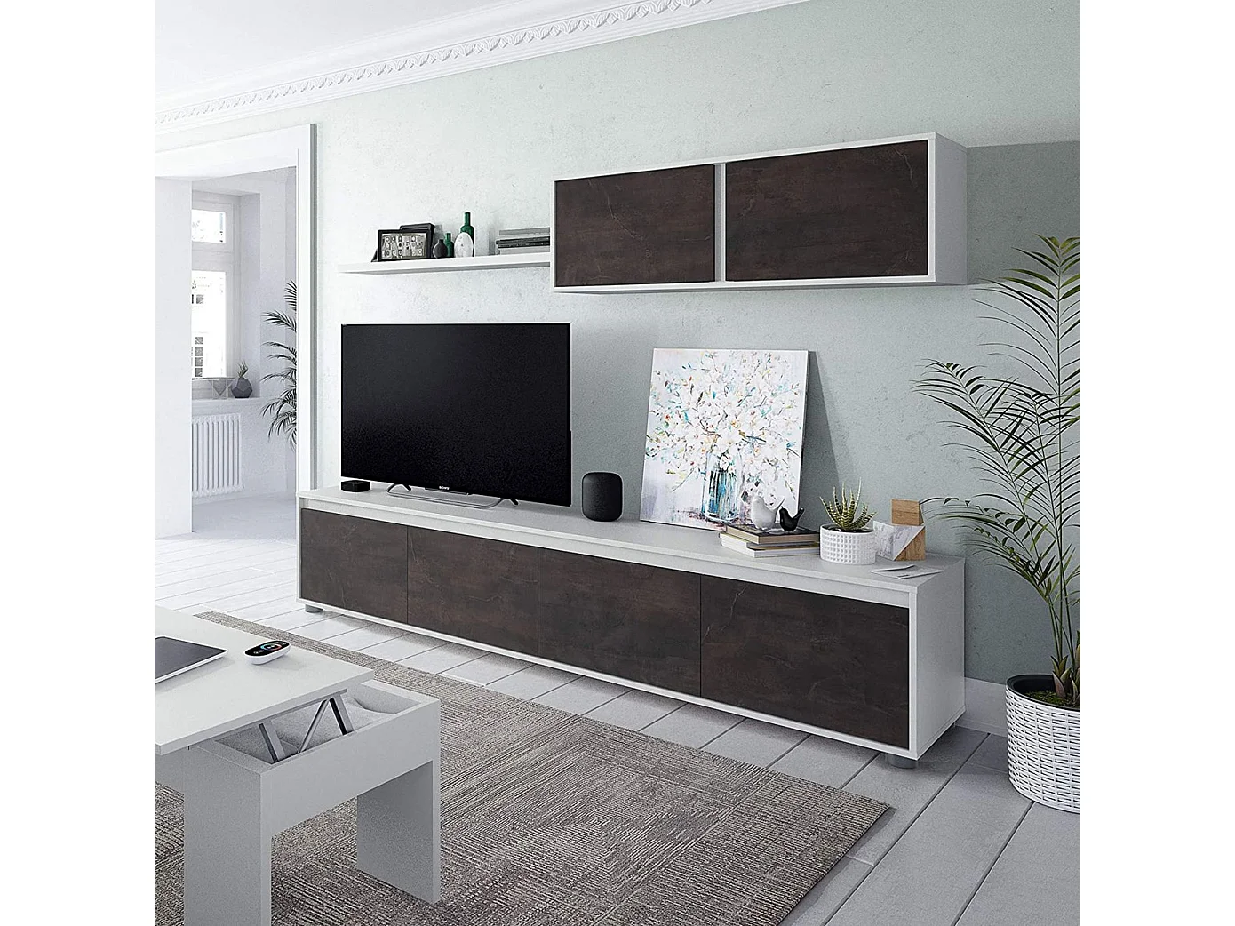 Conjunto salón: mueble TV, módulo superior y estante, blanco artik/óxido