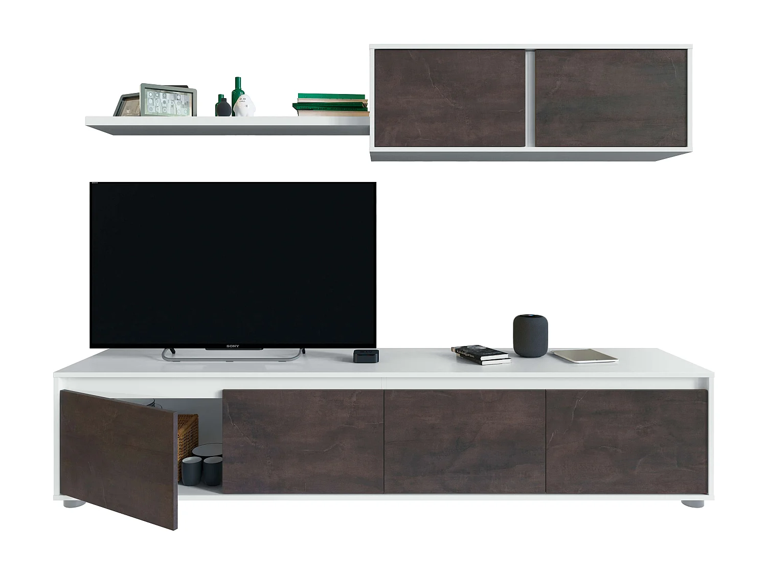Conjunto salón: mueble TV, módulo superior y estante, blanco artik/óxido