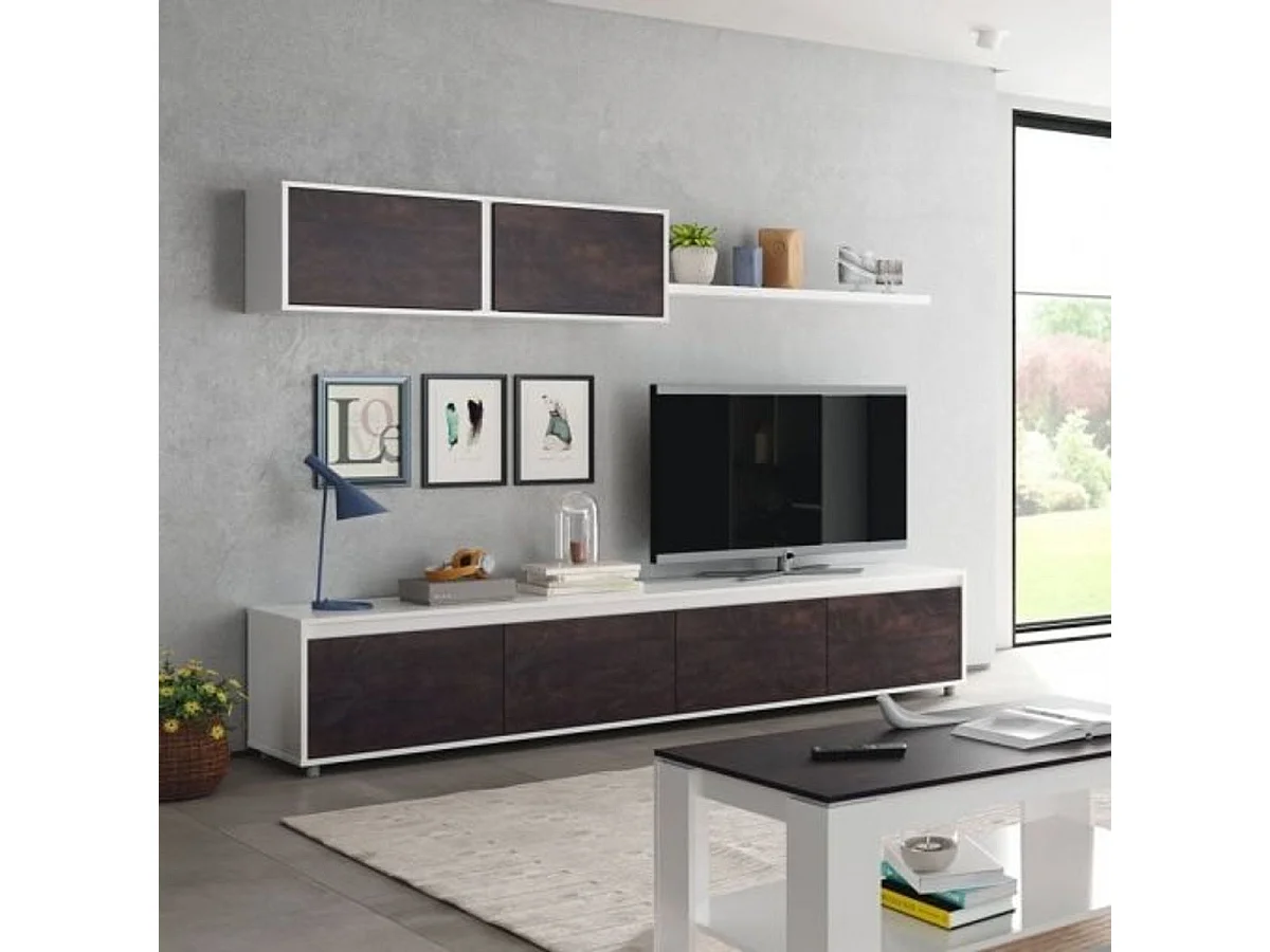 Conjunto salón: mueble TV, módulo superior y estante, blanco artik/óxido