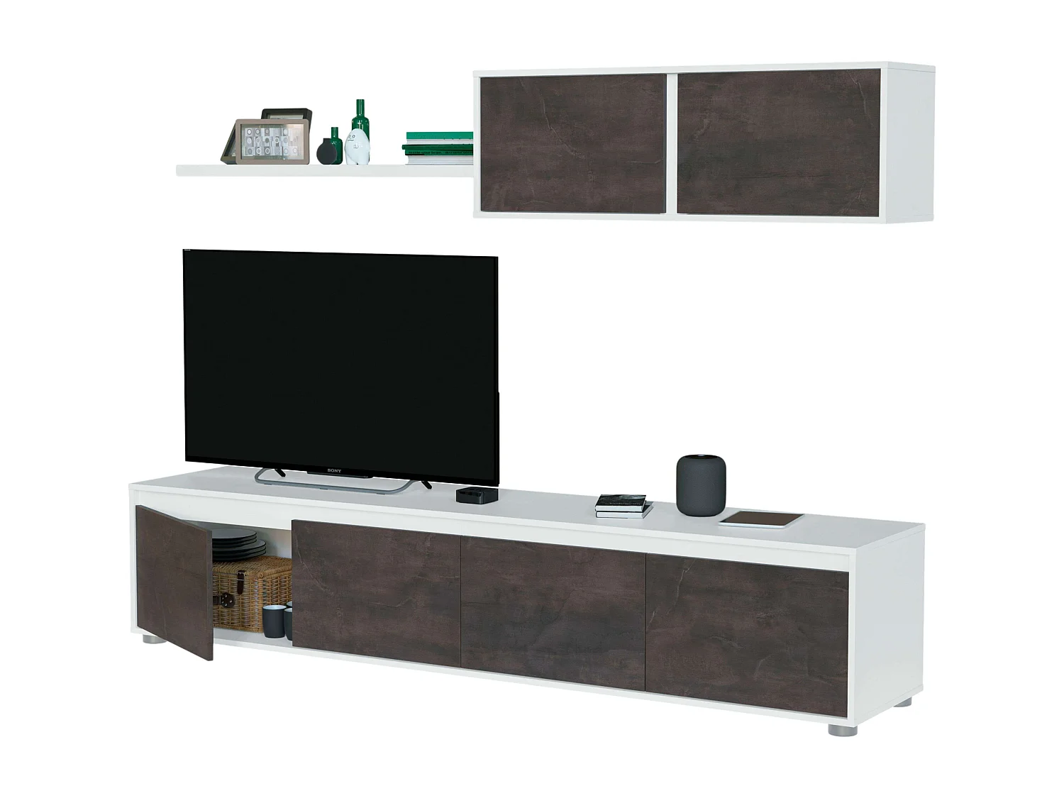 Conjunto salón: mueble TV, módulo superior y estante, blanco artik/óxido