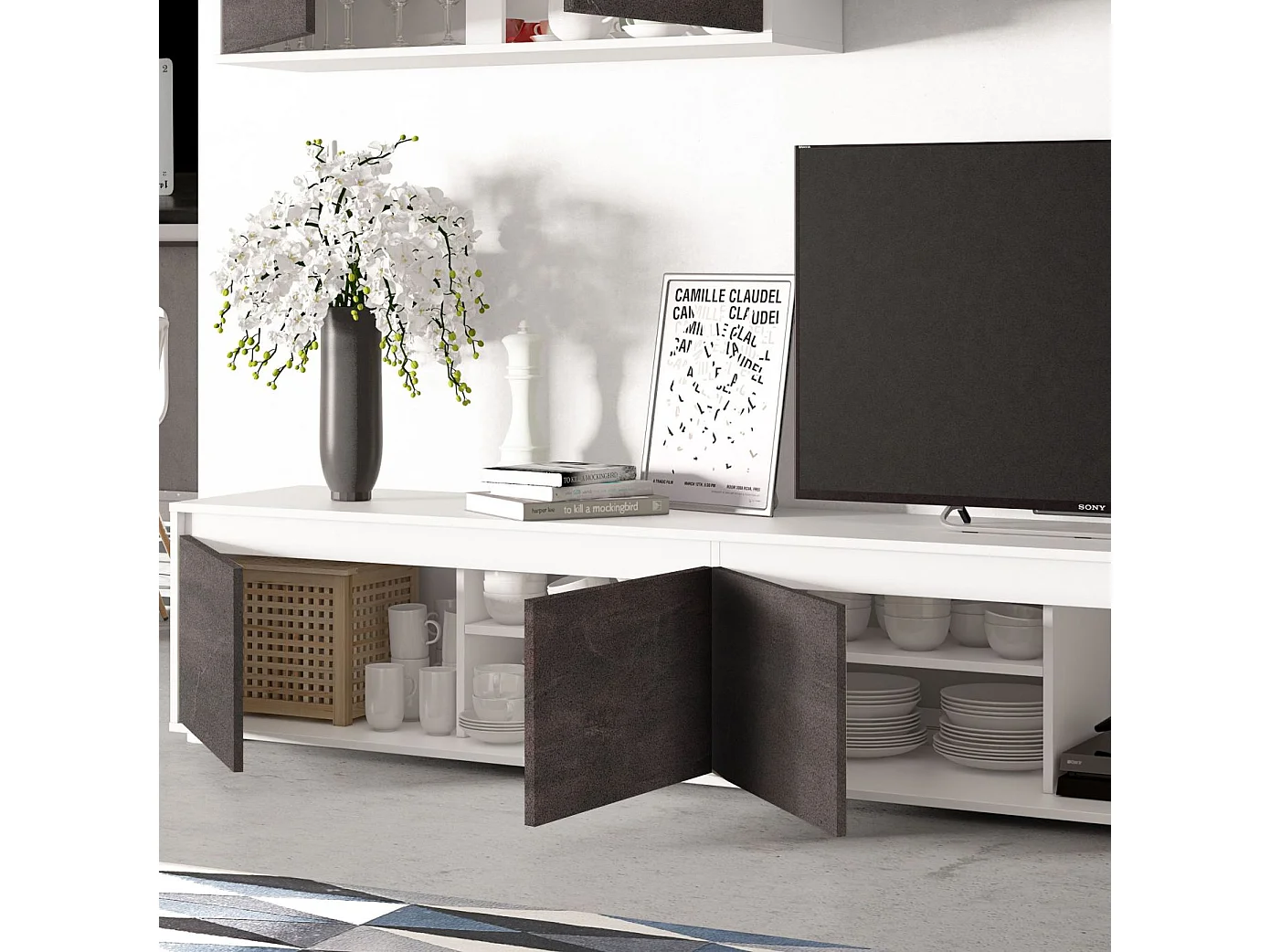 Conjunto salón: mueble TV, módulo superior y estante, blanco artik/óxido