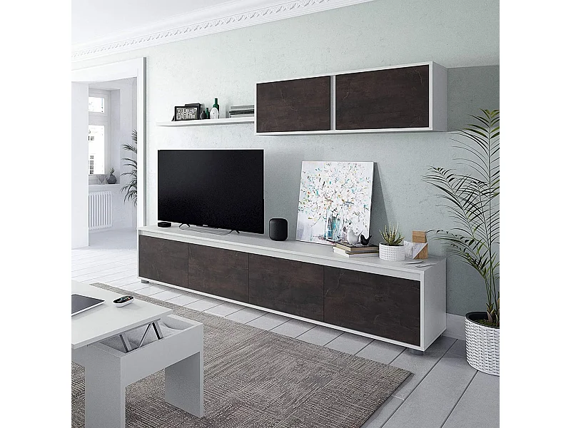 Conjunto salón: mueble TV, módulo superior y estante, blanco artik/óxido