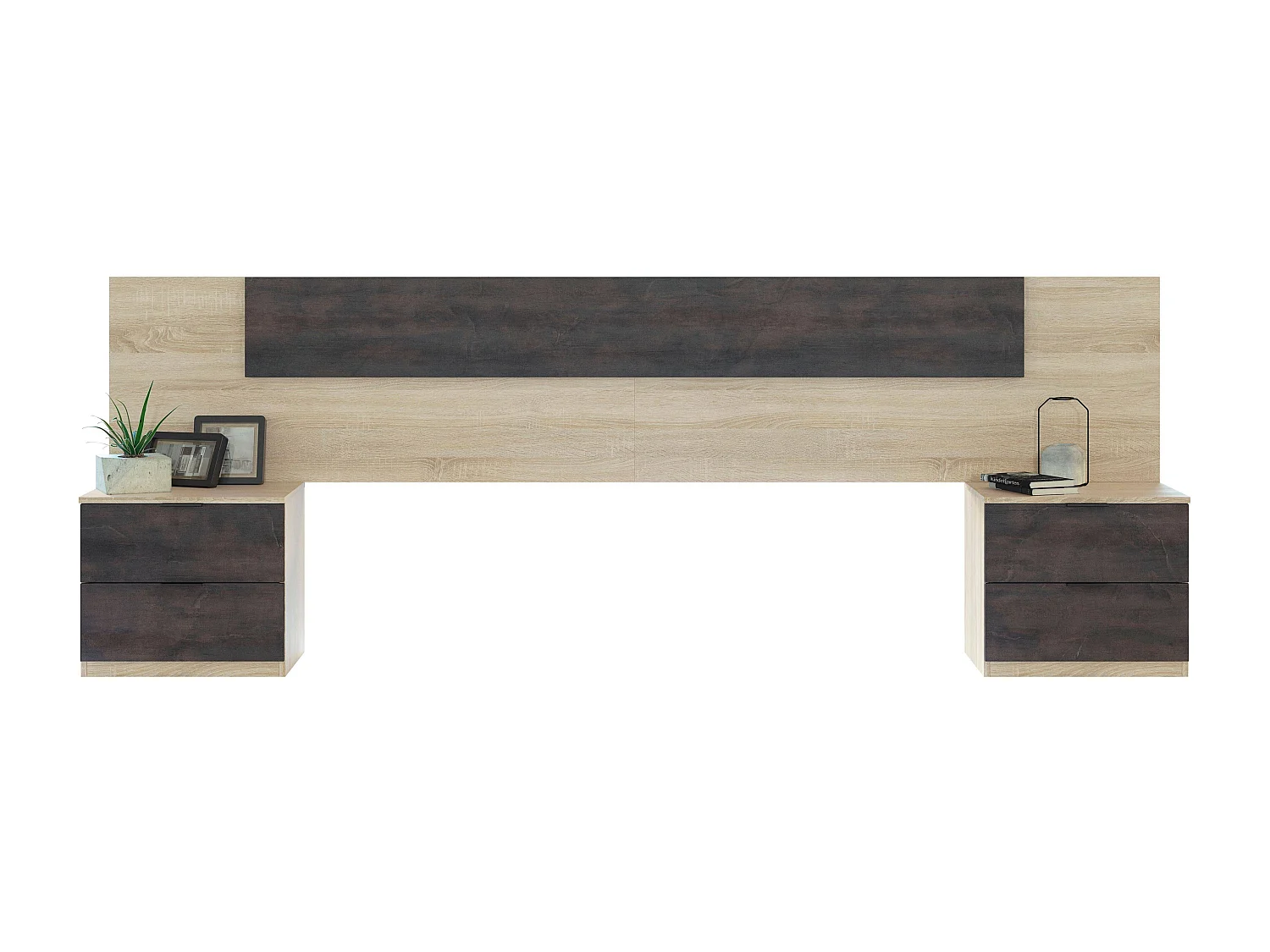 Cabecero Cama Matrimonio, Mesitas 2 Cajones Color Óxido Roble Canadian 150 cm