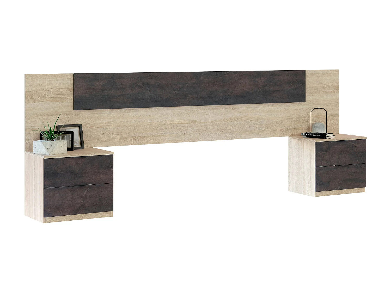 Cabecero Cama Matrimonio, Mesitas 2 Cajones Color Óxido Roble Canadian 150 cm