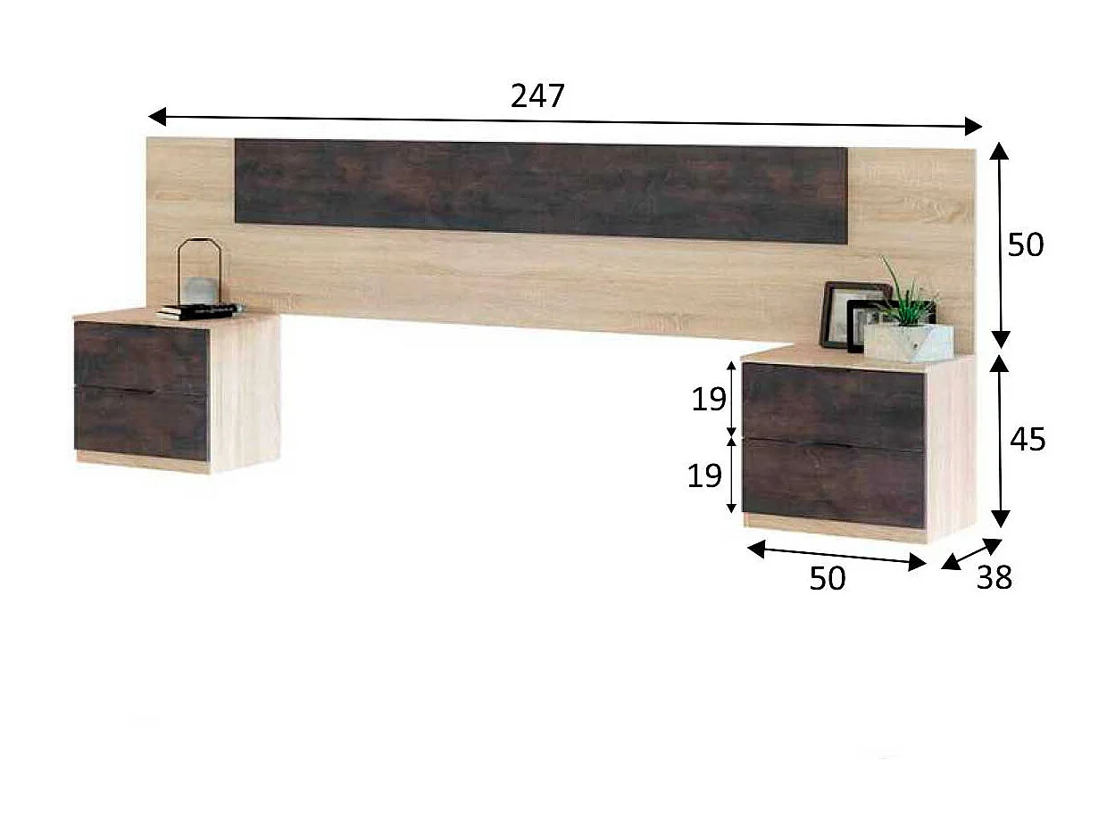 Cabecero Cama Matrimonio, Mesitas 2 Cajones Color Óxido Roble Canadian 150 cm