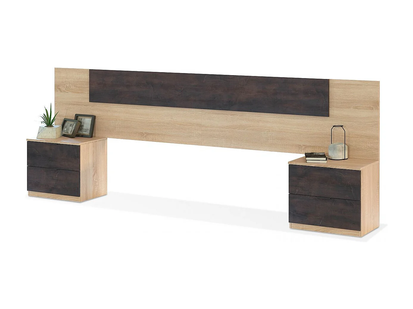 Cabecero Cama Matrimonio, Mesitas 2 Cajones Color Óxido Roble Canadian 150 cm