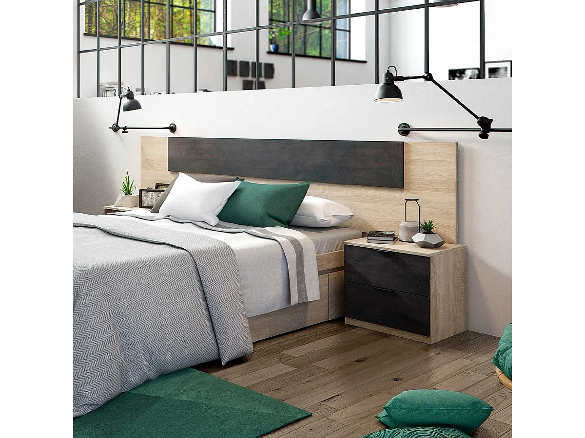 Cabecero Cama Matrimonio, Mesitas 2 Cajones Color Óxido Roble Canadian 150 cm