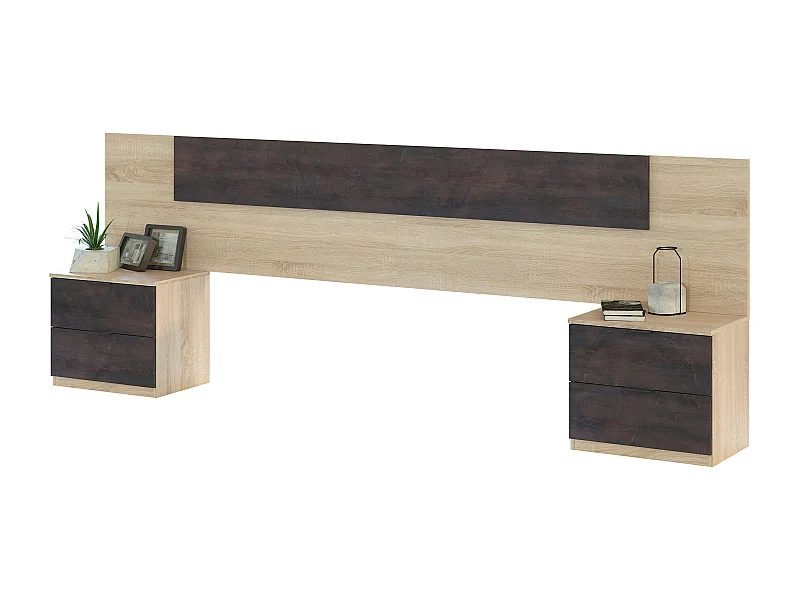 Cabecero Cama Matrimonio, Mesitas 2 Cajones Color Óxido Roble Canadian 150 cm