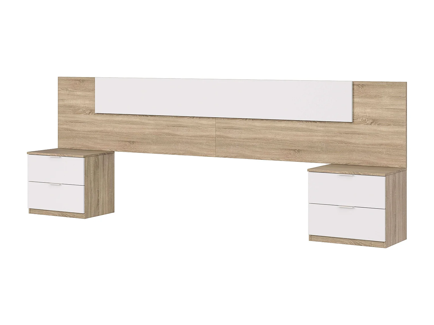 Cabecero Matrimonio con 2 mesitas Blanco y Roble, mesillas incl. 247x95x38 cm