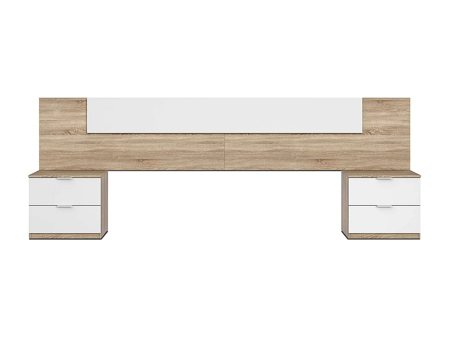 Cabecero Matrimonio con 2 mesitas Blanco y Roble, mesillas incl. 247x95x38 cm