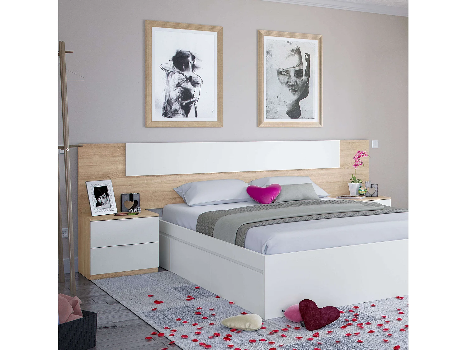 Cabecero Matrimonio con 2 mesitas Blanco y Roble, mesillas incl. 247x95x38 cm