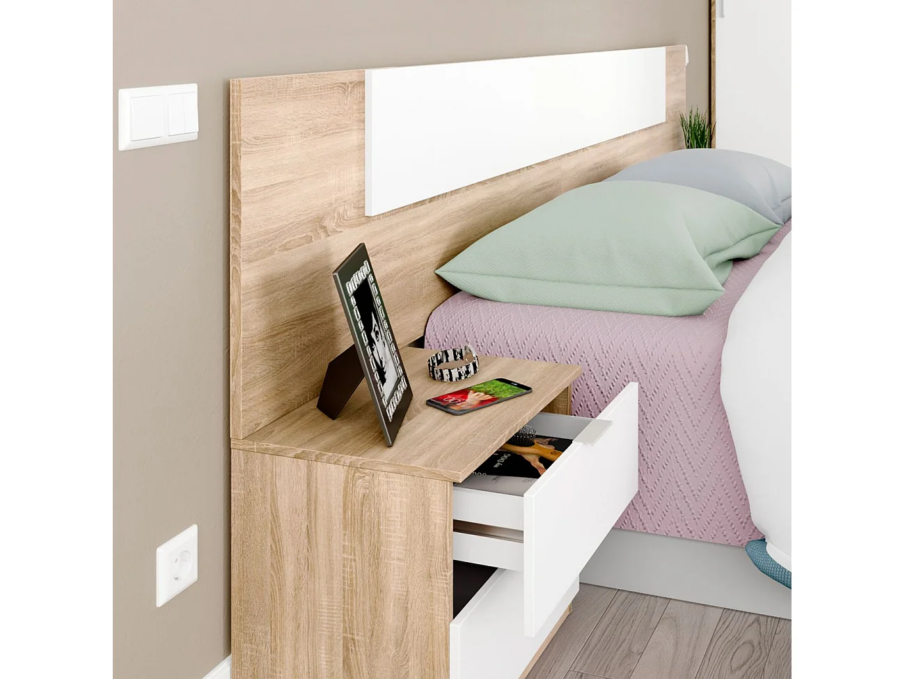 Cabecero Matrimonio con 2 mesitas Blanco y Roble, mesillas incl. 247x95x38 cm