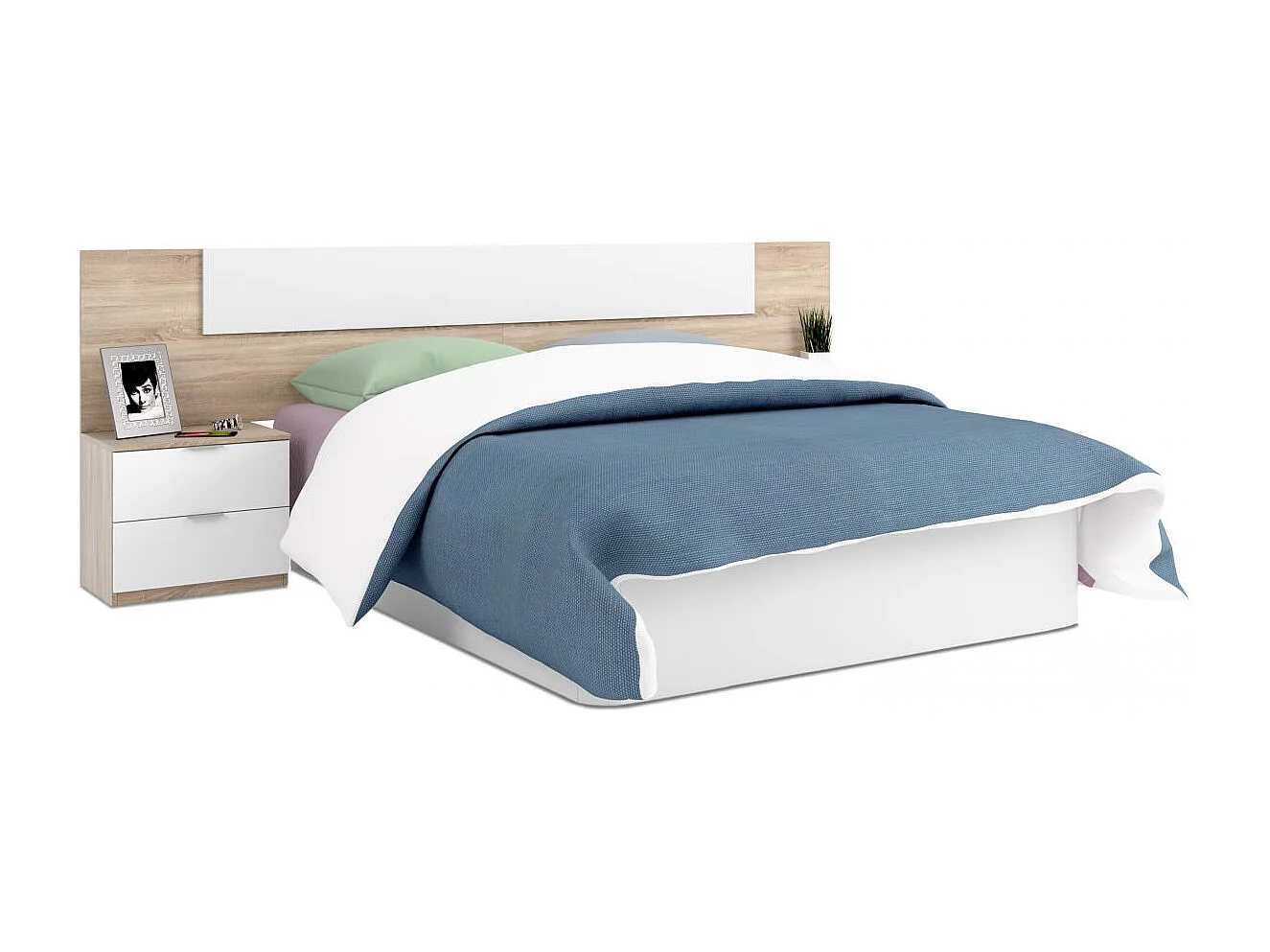 Cabecero Matrimonio con 2 mesitas Blanco y Roble, mesillas incl. 247x95x38 cm