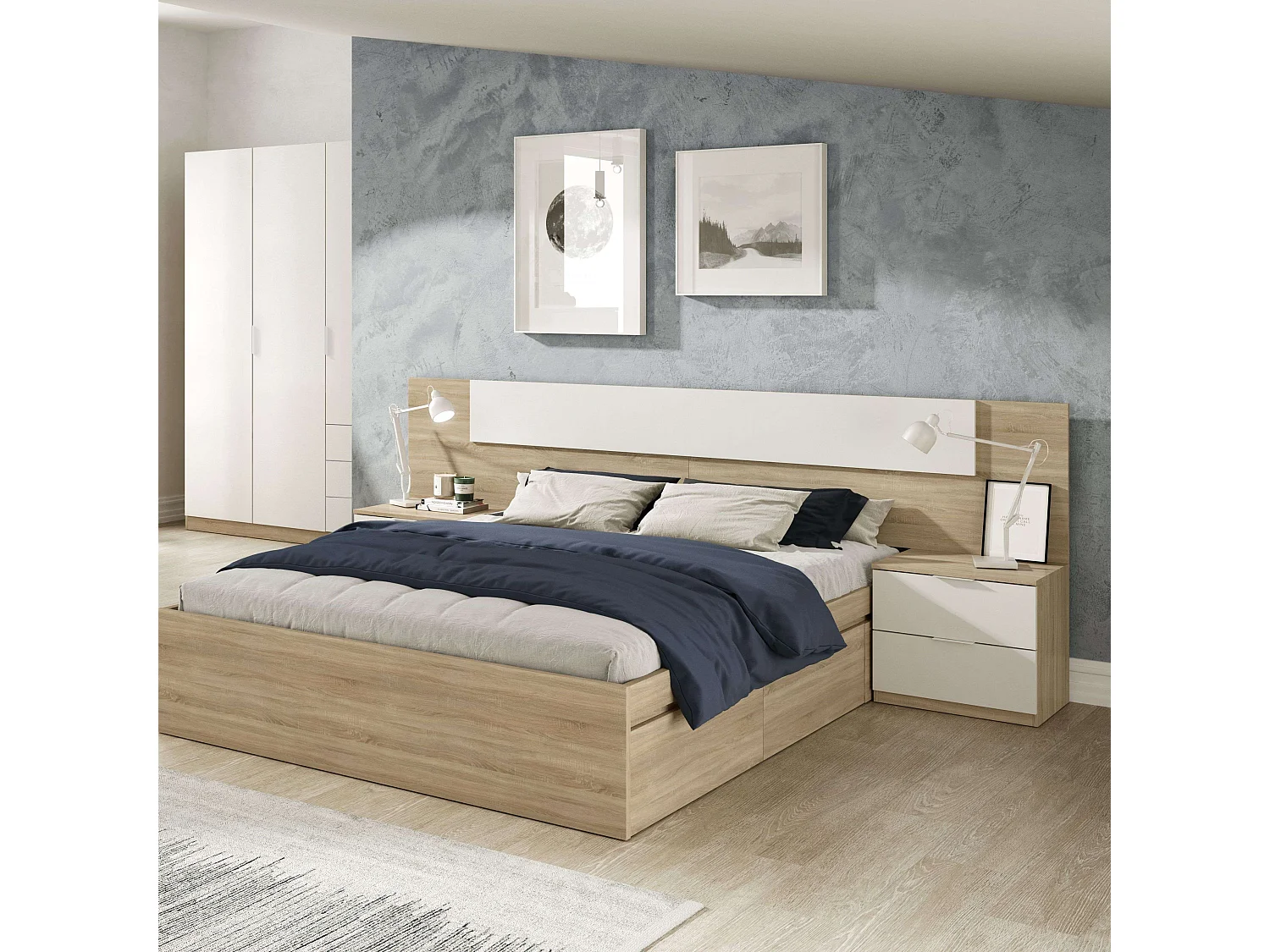 Cabeceira Luca com mesas de cabeceira Artik White (Branco mate) - Carvalho canadiano