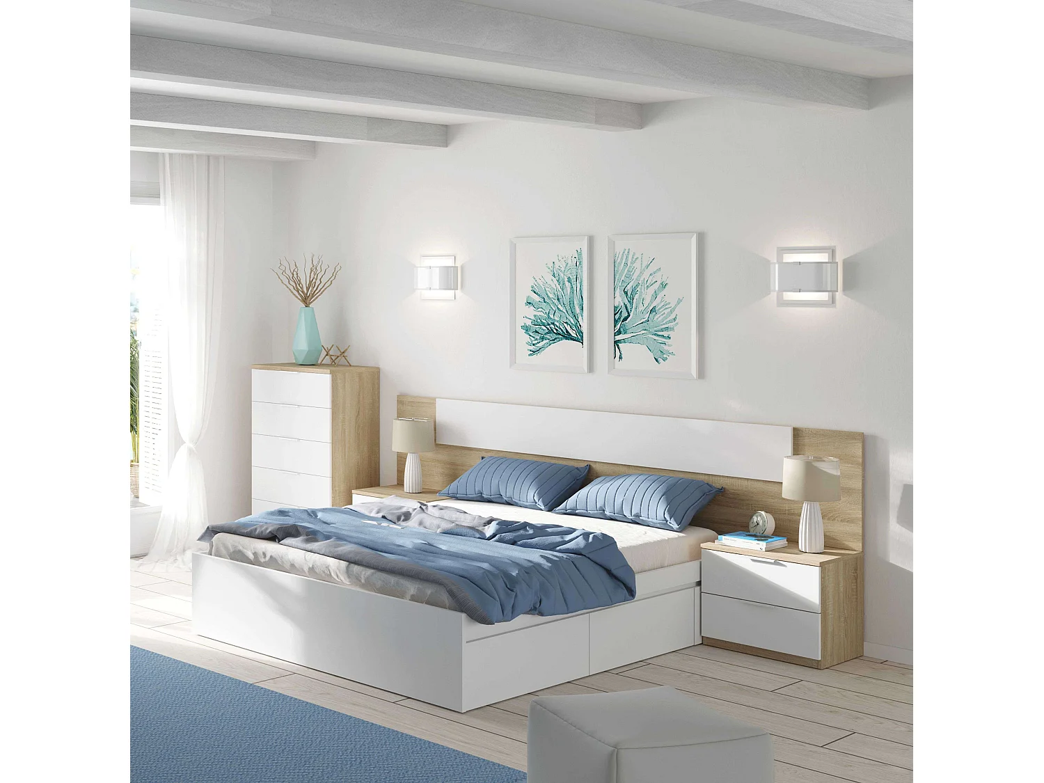 Cabeceira Luca com mesas de cabeceira Artik White (Branco mate) - Carvalho canadiano