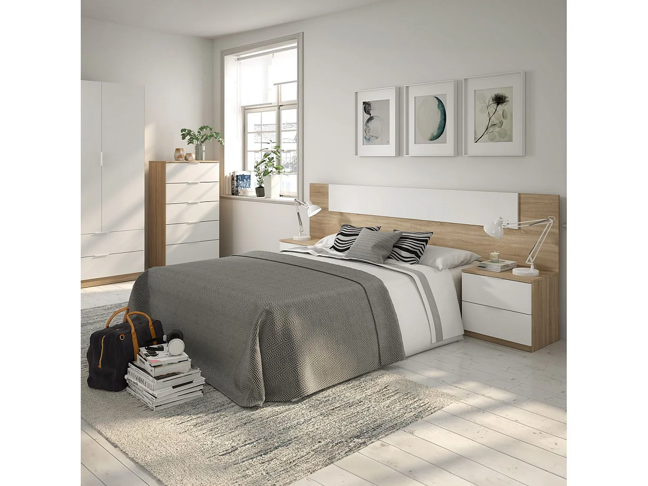 Cabeceira Luca com mesas de cabeceira Artik White (Branco mate) - Carvalho canadiano