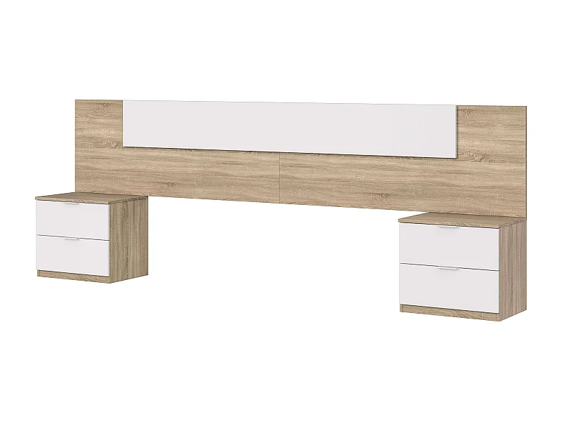 Cabecero Matrimonio con 2 mesitas Blanco y Roble, mesillas incl. 247x95x38 cm