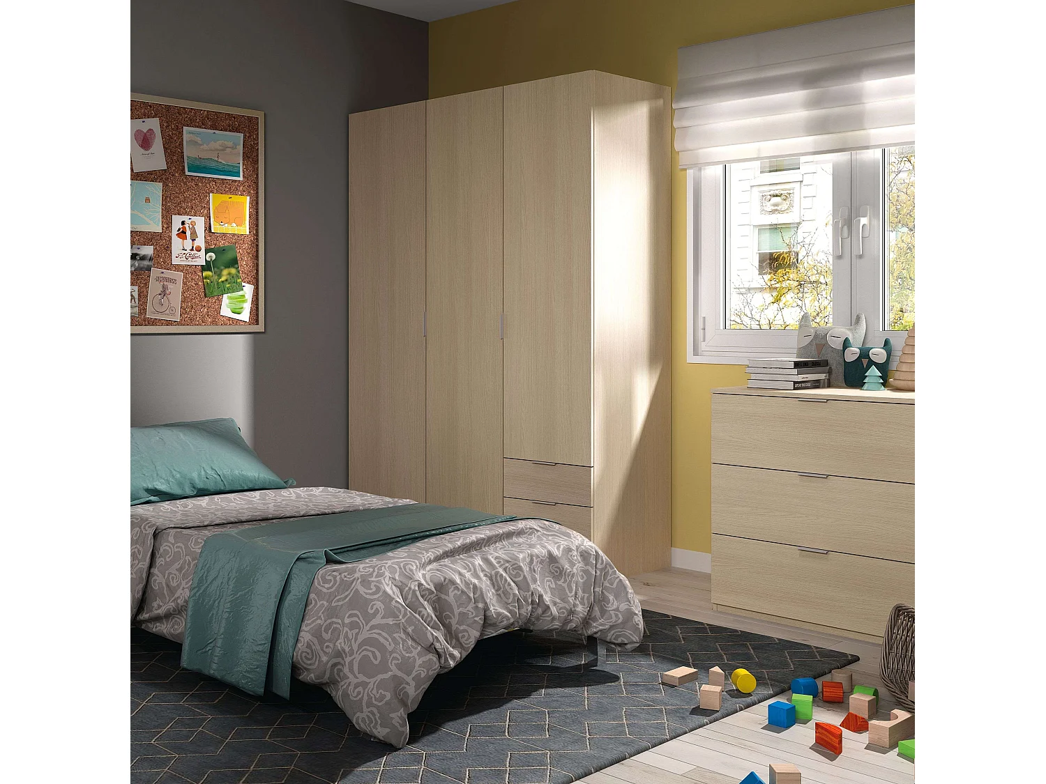 Armario Andy Melamina Roble, 3 Puertas y 3 Cajones, Dormitorio 121x180x52 cm