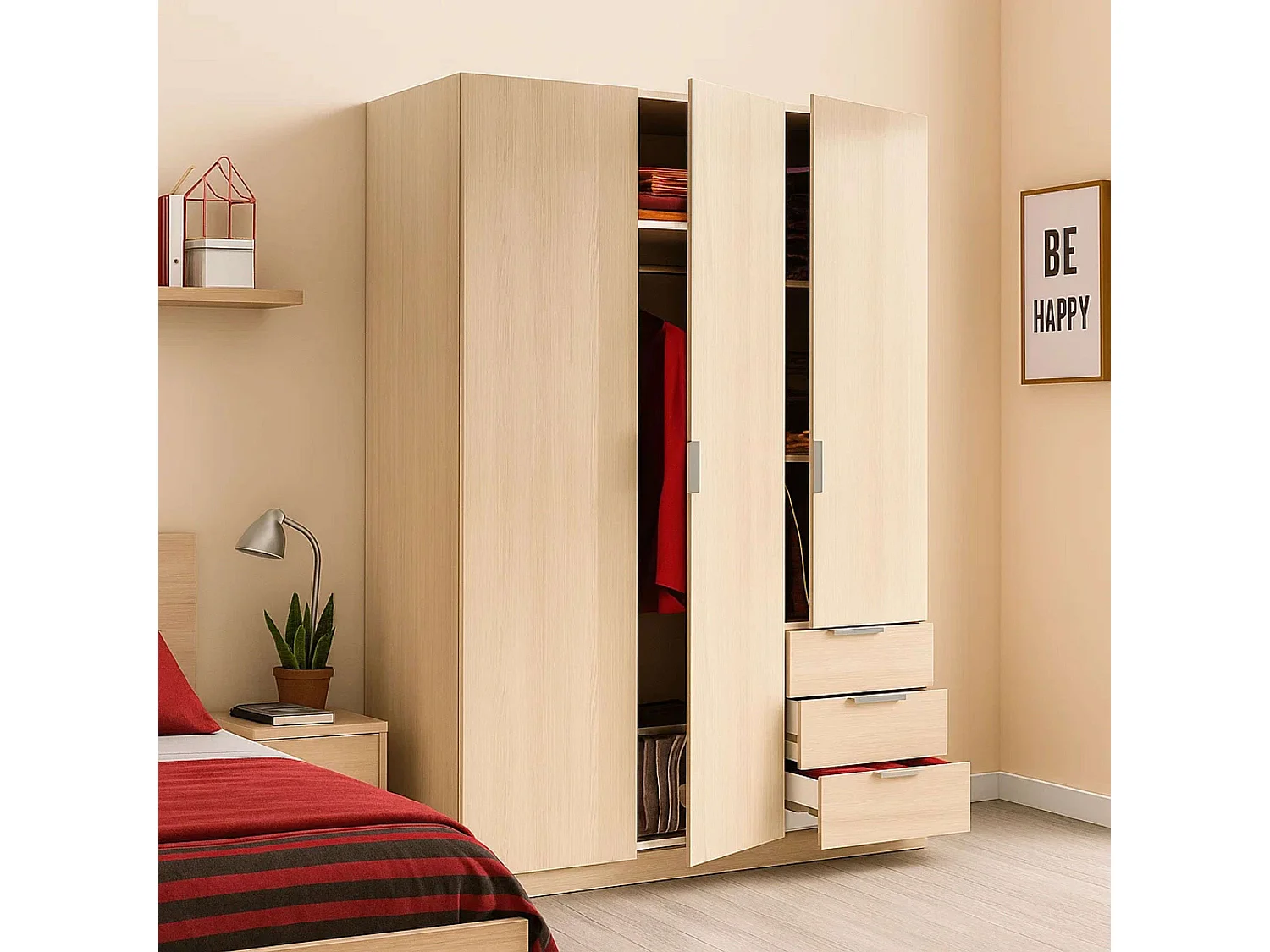 Armario Andy Melamina Roble, 3 Puertas y 3 Cajones, Dormitorio 121x180x52 cm