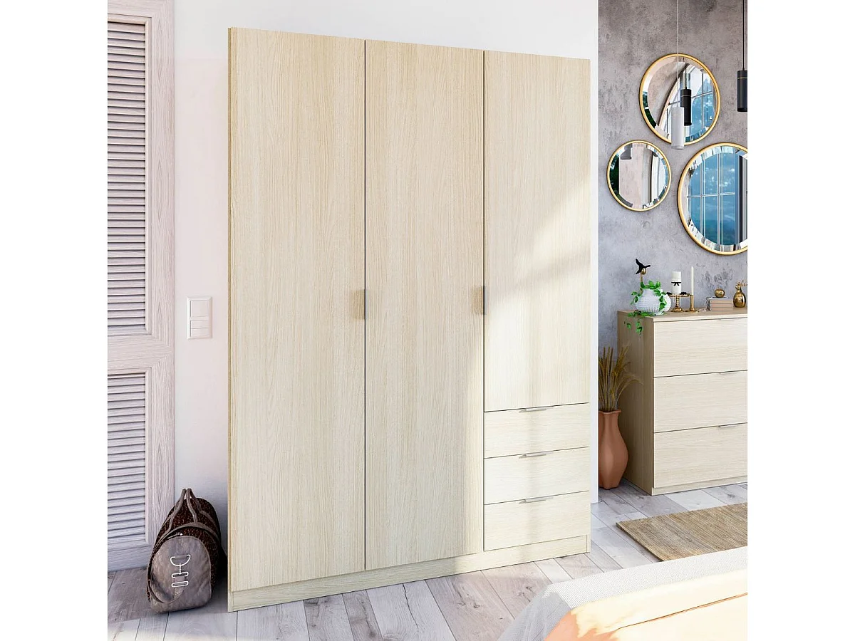 Armario Andy Melamina Roble, 3 Puertas y 3 Cajones, Dormitorio 121x180x52 cm