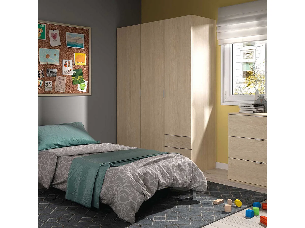 Armario Andy Melamina Roble, 3 Puertas y 3 Cajones, Dormitorio 121x180x52 cm