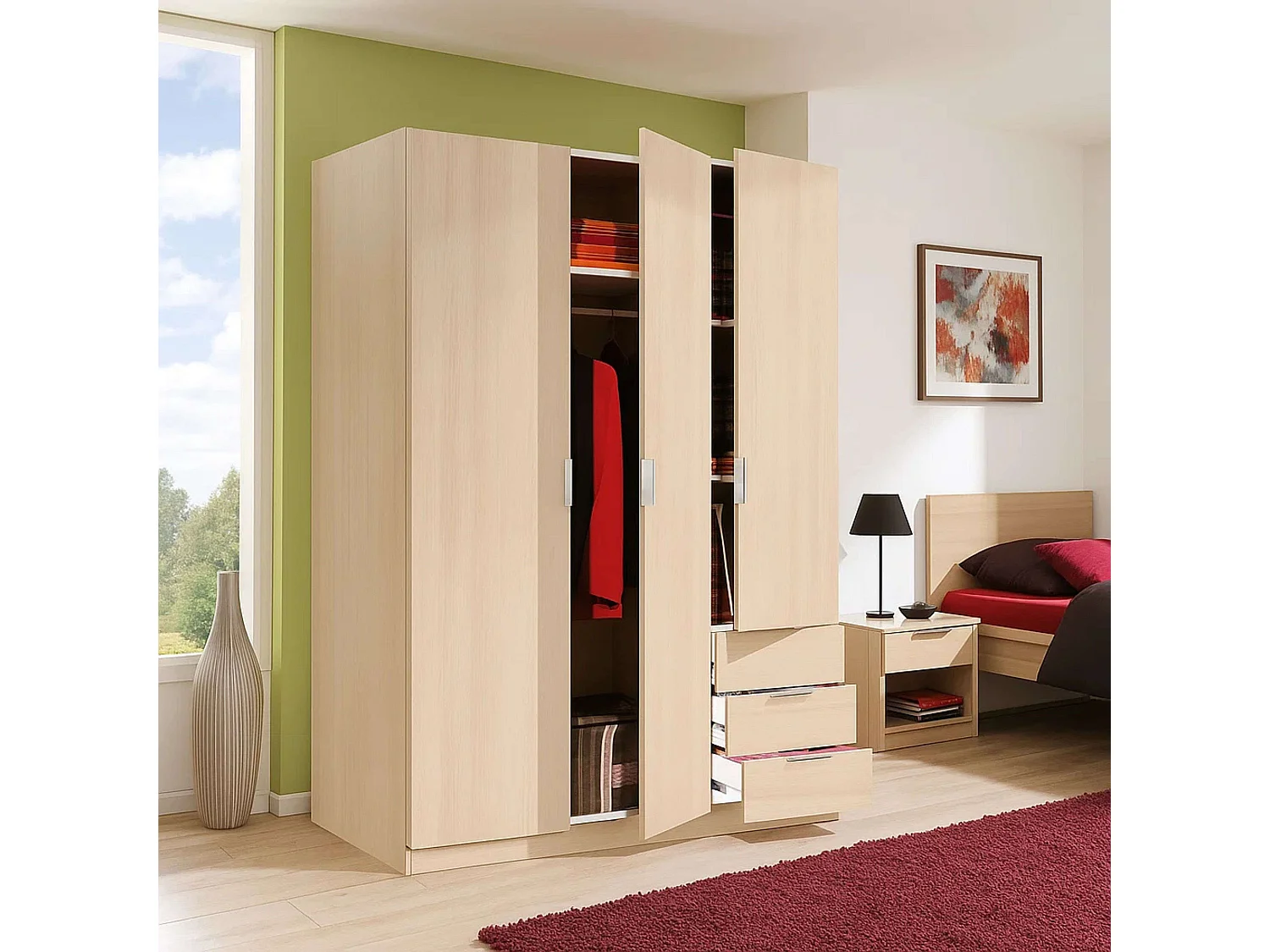 Armario Andy Melamina Roble, 3 Puertas y 3 Cajones, Dormitorio 121x180x52 cm