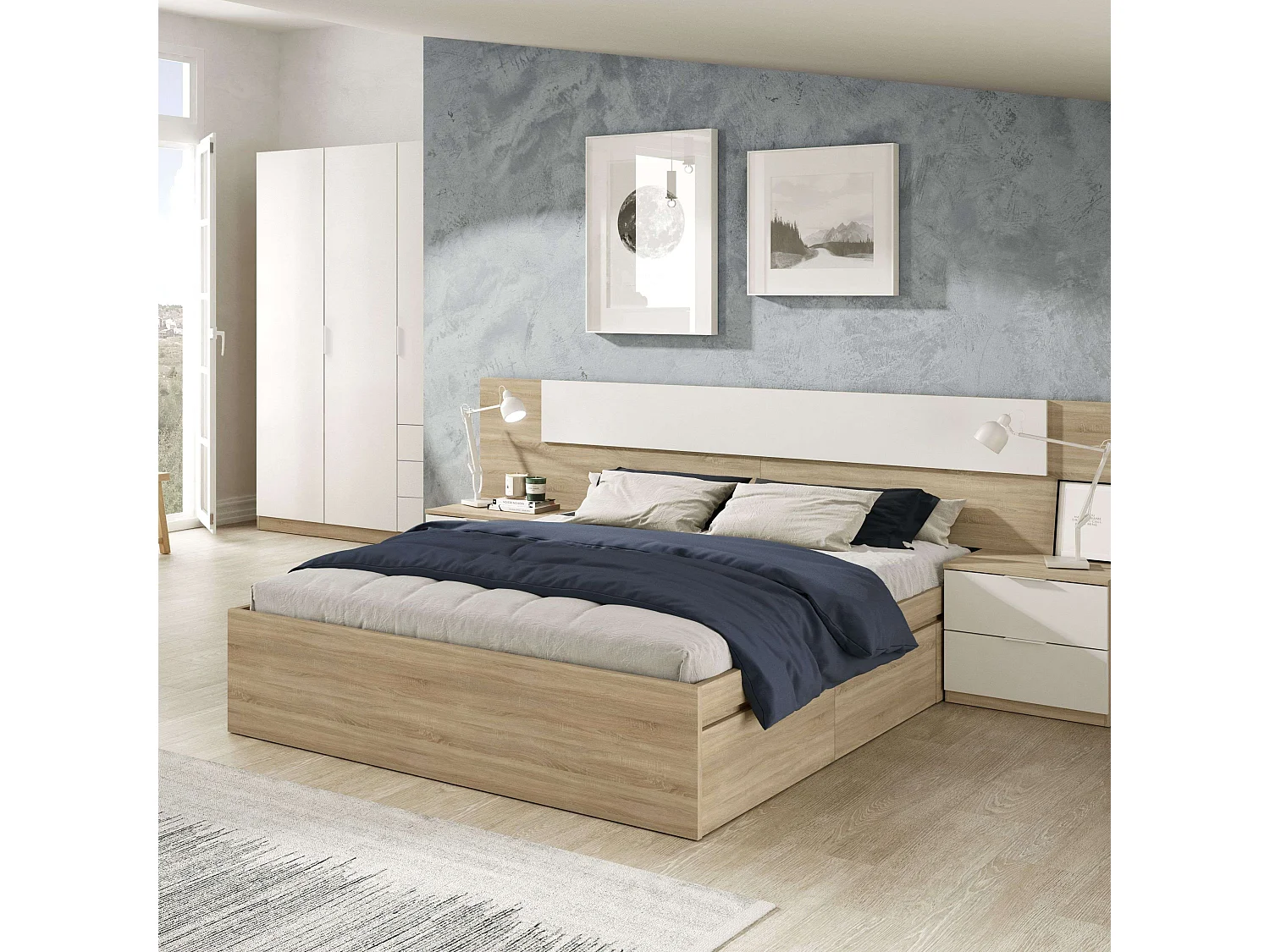 Cama matrimonio c/4 cajones inferior Color Roble Canadian 37x156x196 cm
