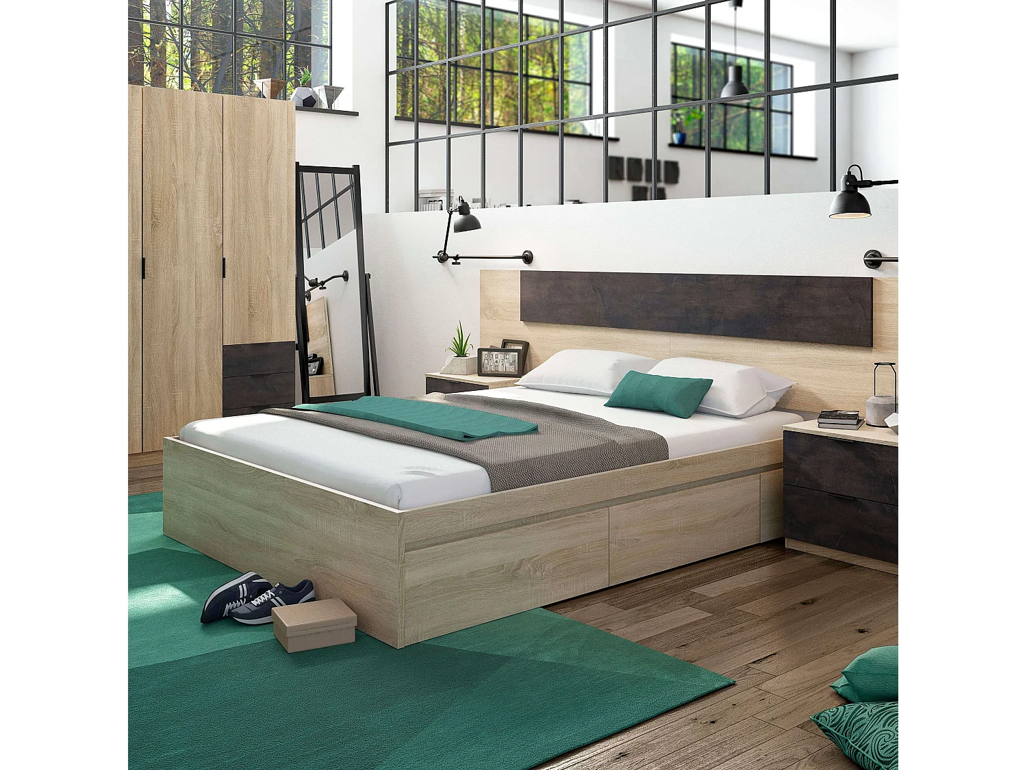 Cama matrimonio c/4 cajones inferior Color Roble Canadian 37x156x196 cm