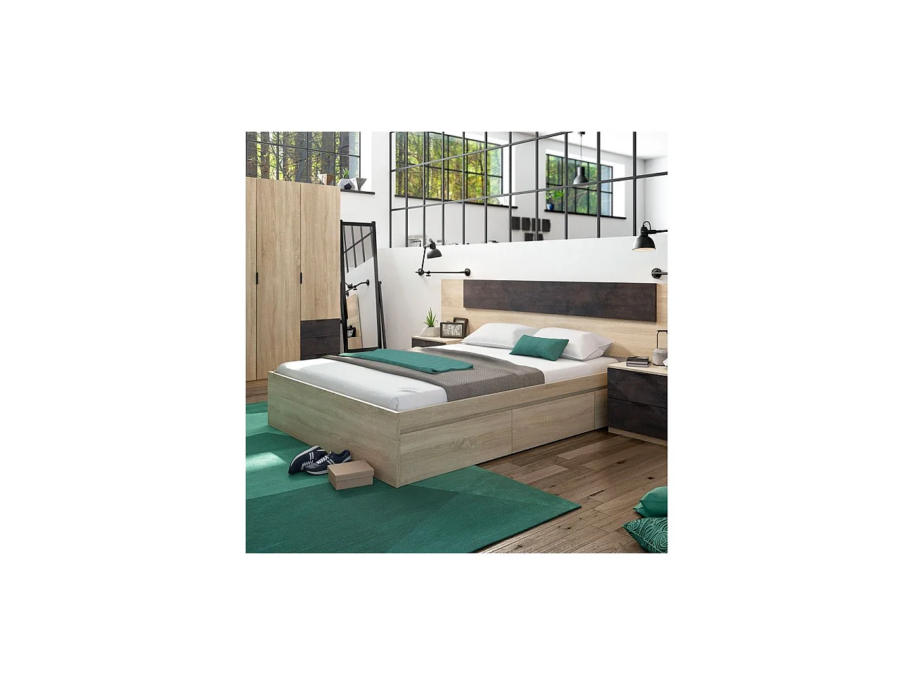Cama de 150 cm con 4 amplios cajones en roble canadian Kendra Roble Canadian