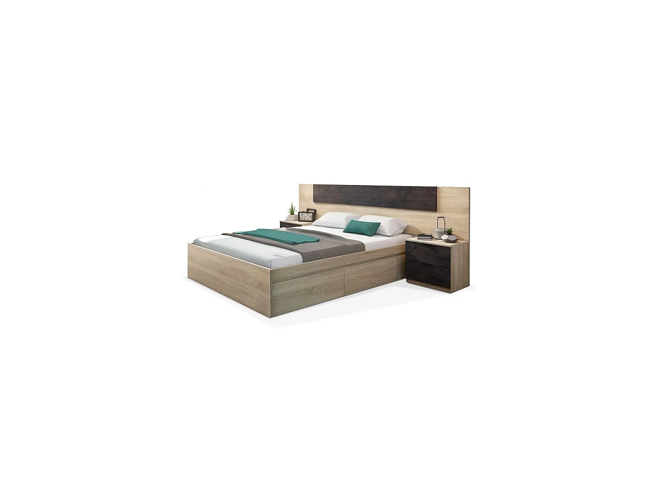 Cama de 150 cm con 4 amplios cajones en roble canadian Kendra Roble Canadian