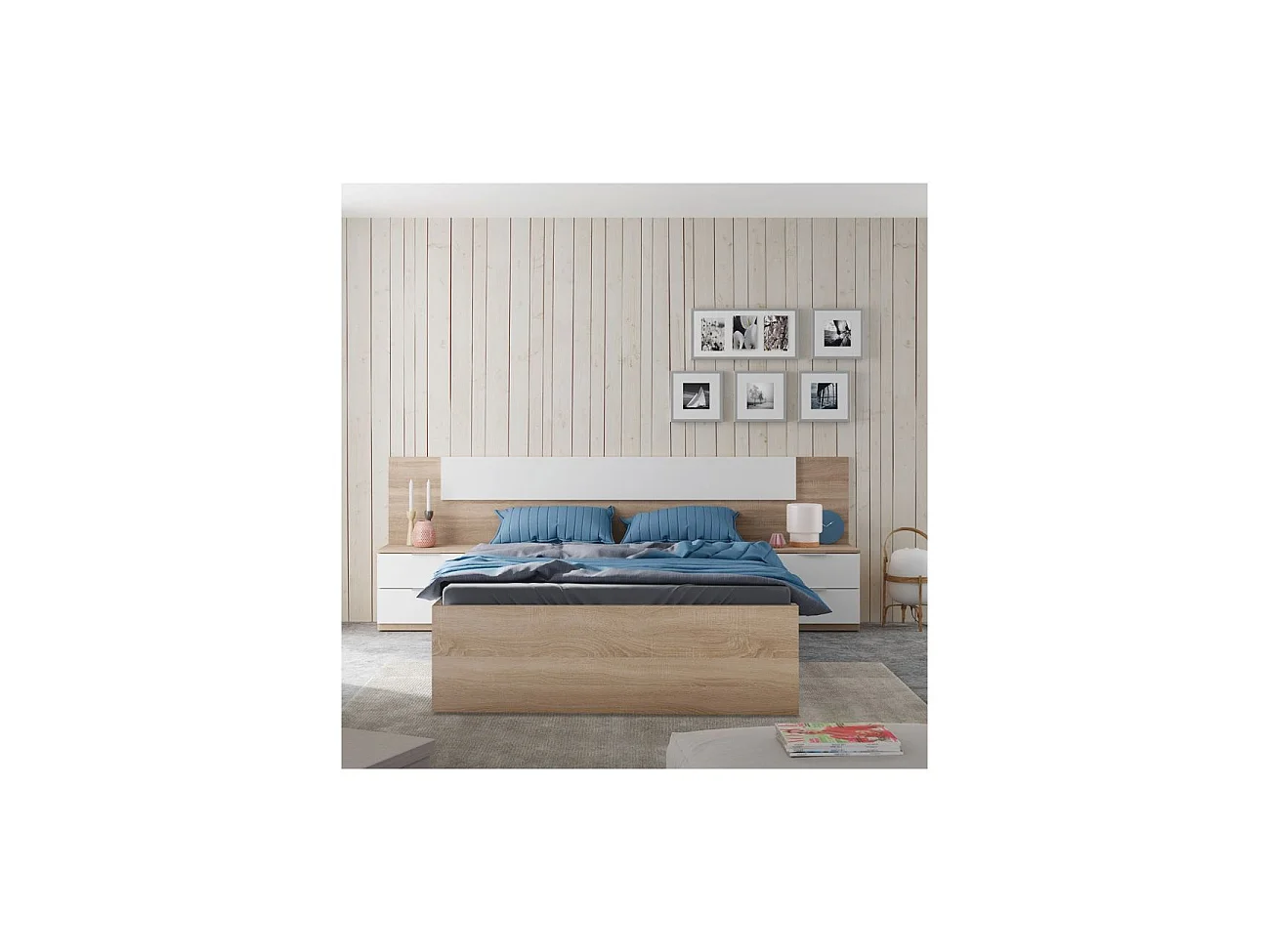 Cama de 150 cm con 4 amplios cajones en roble canadian Kendra Roble Canadian