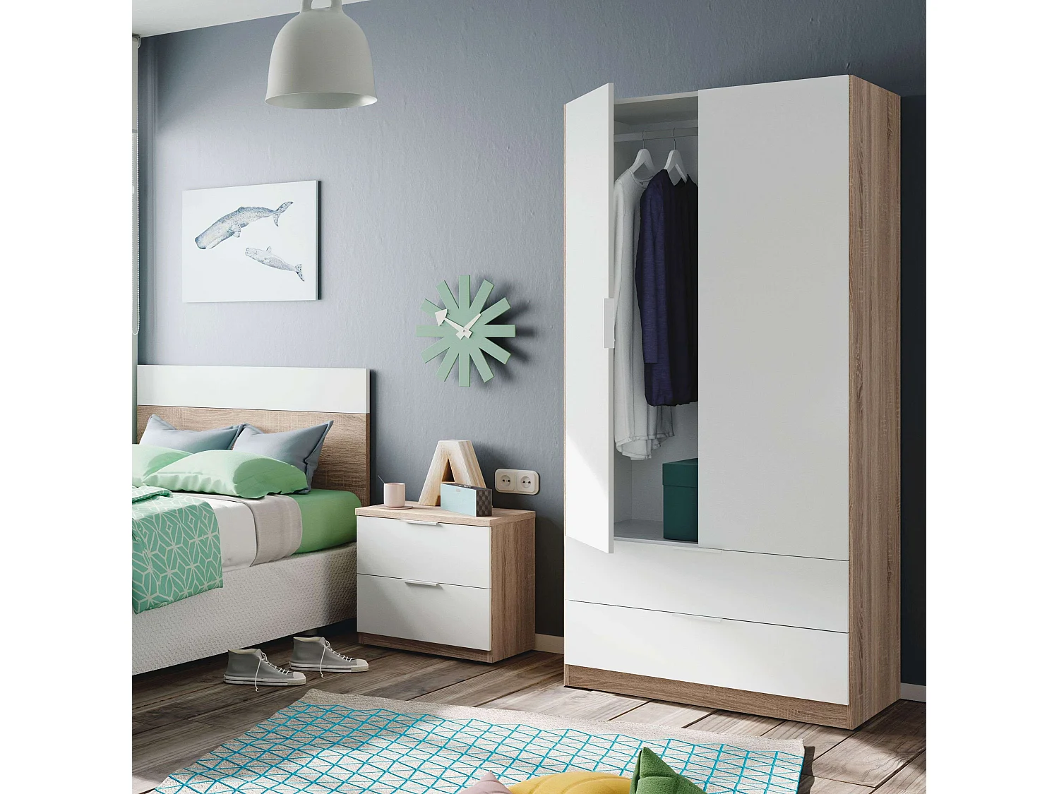 Armoire Enfant/Adolescent Luca 2 Portes 2 Tiroirs Chêne Canadien et Blanc Mat 180x82x52 cm